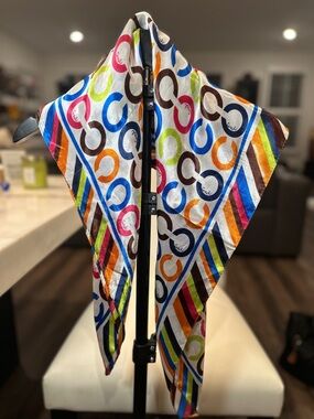 COACH Multi-Colored Silk Scarf with Signature COACH Logo Pattern EUC